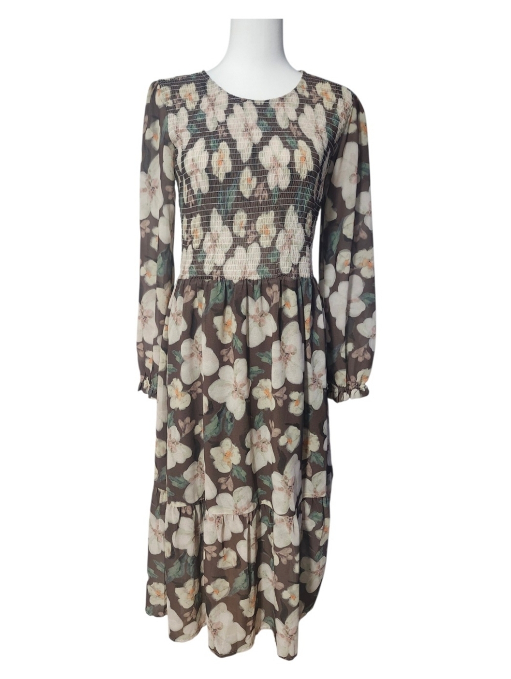 Jilly Box Floral Smocked Midi Dress in Brown and Cream - Picture 4 of 13